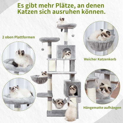 Cat Tree Indoor Cat Tree 200cm Cat Scratching Post with Large Adult Cats, 2 Scratching Boards, 7 Scratching Posts, 2 Plush Platforms, 2 Cat Cavities, Light Grey GCT032W - QUORE