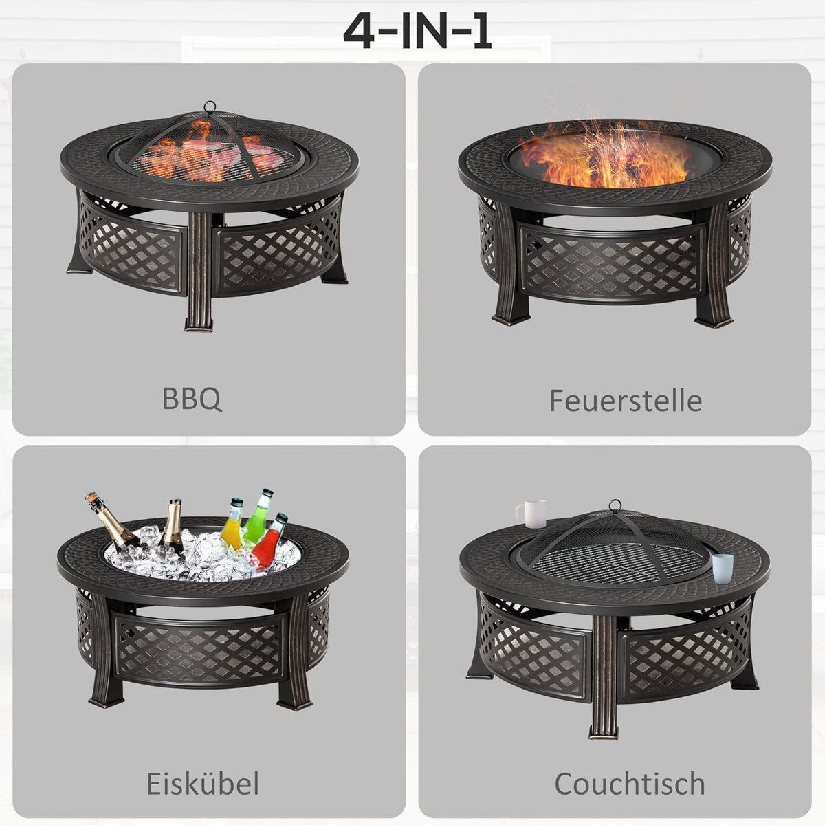 Outsunny fire bowl with poker spark protection fire pit fire table round fire pit for garden camping BBQ steel black 81 x 81 x 50 cm - QUORE