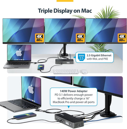 StarTech.com Triple-Monitor USB-C Docking Station, 140W Charging Dock voor MacBook Pro en Windows, 4K 60Hz HDMI of DisplayPort
