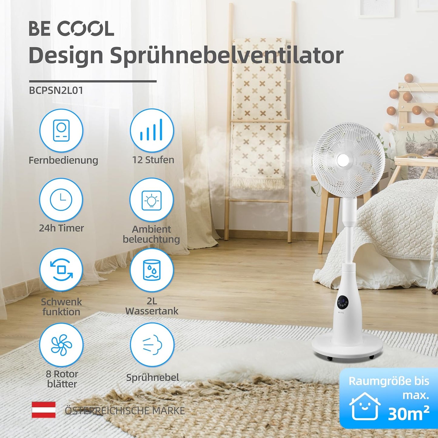 BE COOL BCPSN2L01 Premium staande sproeiventilator met afstandsbediening, 80 W, waterreservoir van 2 liter, 1500 m³/u, oscillatie en timer, stille werking met sfeerverlichting, wit