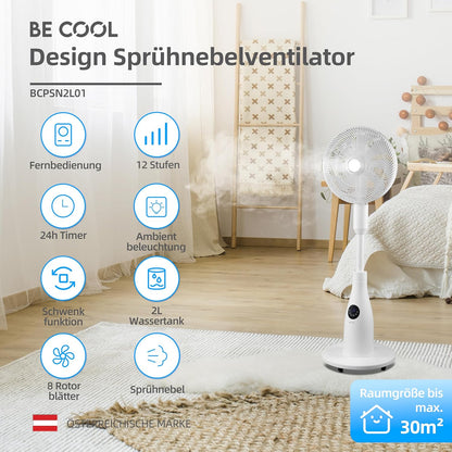 BE COOL BCPSN2L01 Premium staande sproeiventilator met afstandsbediening, 80 W, waterreservoir van 2 liter, 1500 m³/u, oscillatie en timer, stille werking met sfeerverlichting, wit