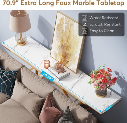 Tribesigns 180cm Extra Long Console Table, Modern Gold Behind Sofa Coffee Table with Storage, 4 Stage Entrance Table for Living Room, Hallway, Entrance, Faux Marble, White