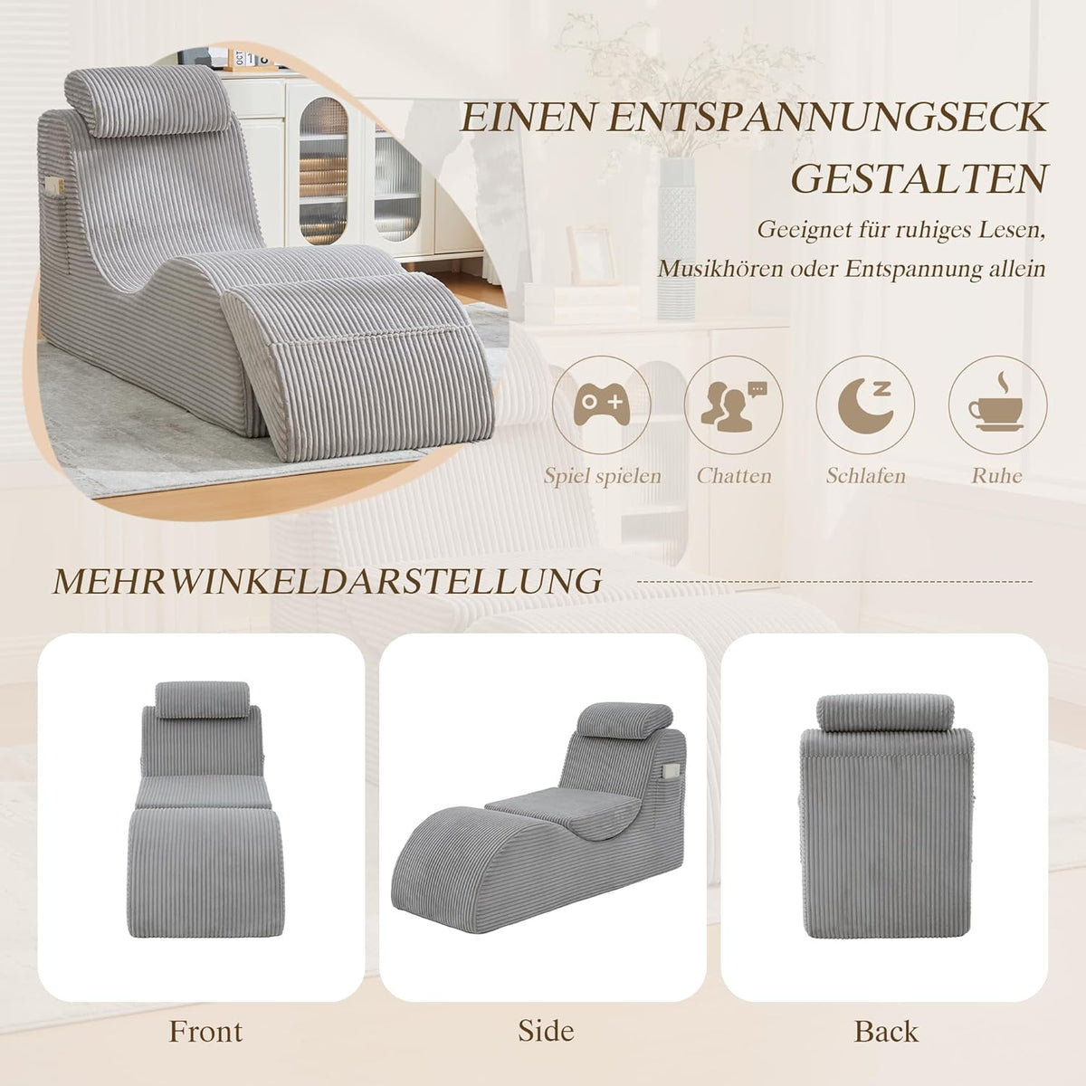 Relaxstoel – Vrijetijdsstoel – Fauteuil – Loungestoel – Leesstoel – Ergonomisch Gecomprimeerd Schuim – Afneembaar Kussen Met Zijvak – Corduroy Lichtgrijs 160x66x90 cm