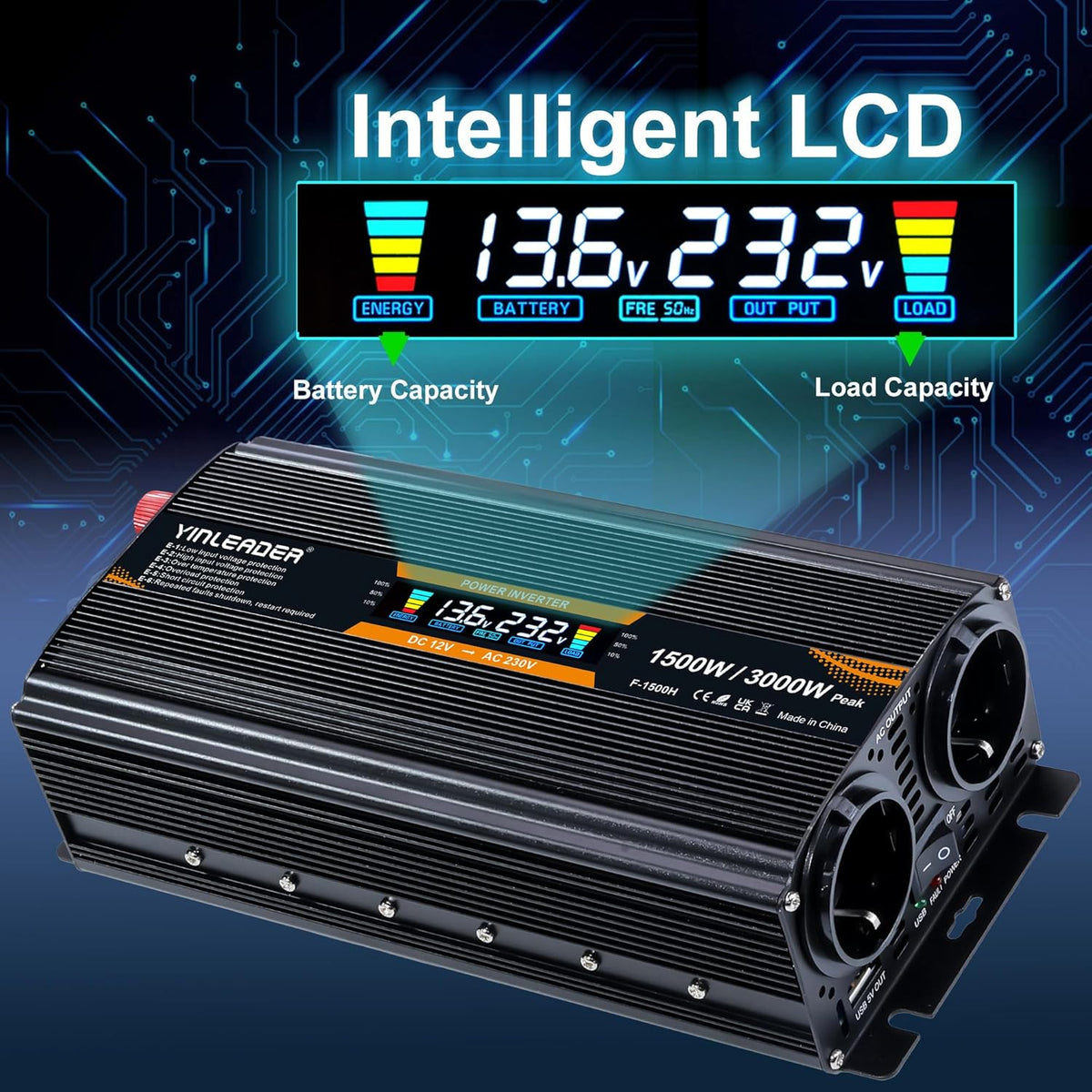 Spanningsomvormer – Omvormer – Stroomomvormer – 12 V Naar 230 V Omvormer – 230 V Omvormer – 1500 W / 3000 W – LCD-Display Met 2 Stopcontacten En 1 USB