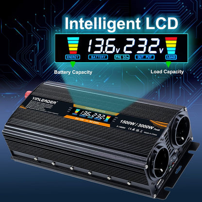 Spanningsomvormer – Omvormer – Stroomomvormer – 12 V Naar 230 V Omvormer – 230 V Omvormer – 1500 W / 3000 W – LCD-Display Met 2 Stopcontacten En 1 USB