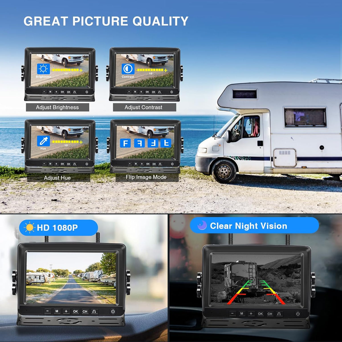 PARKVISION Draadloze Achteruitrijcamera Set 7 Inch - Magnetische Montage, 9600mAh Accu & Zonne-energie, 1080P met Nachtzicht en Opname