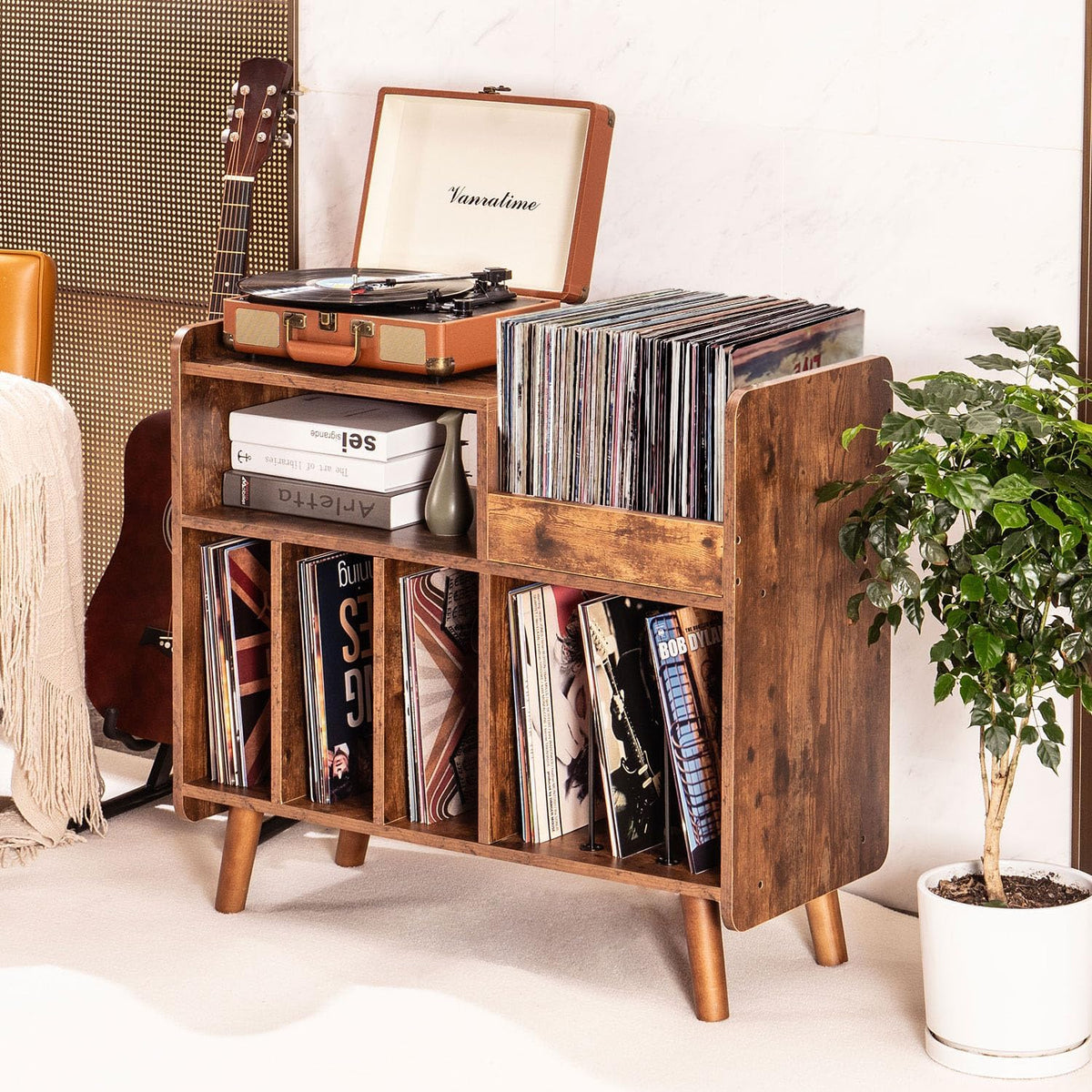 Mid-century Record Player Stand with Vinyl Storage for Up to 350+ Albums, Vinyl Record Cabinet with Adjustable Shelves, Brown