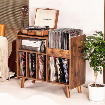 Mid-century Record Player Stand with Vinyl Storage for Up to 350+ Albums, Vinyl Record Cabinet with Adjustable Shelves, Brown