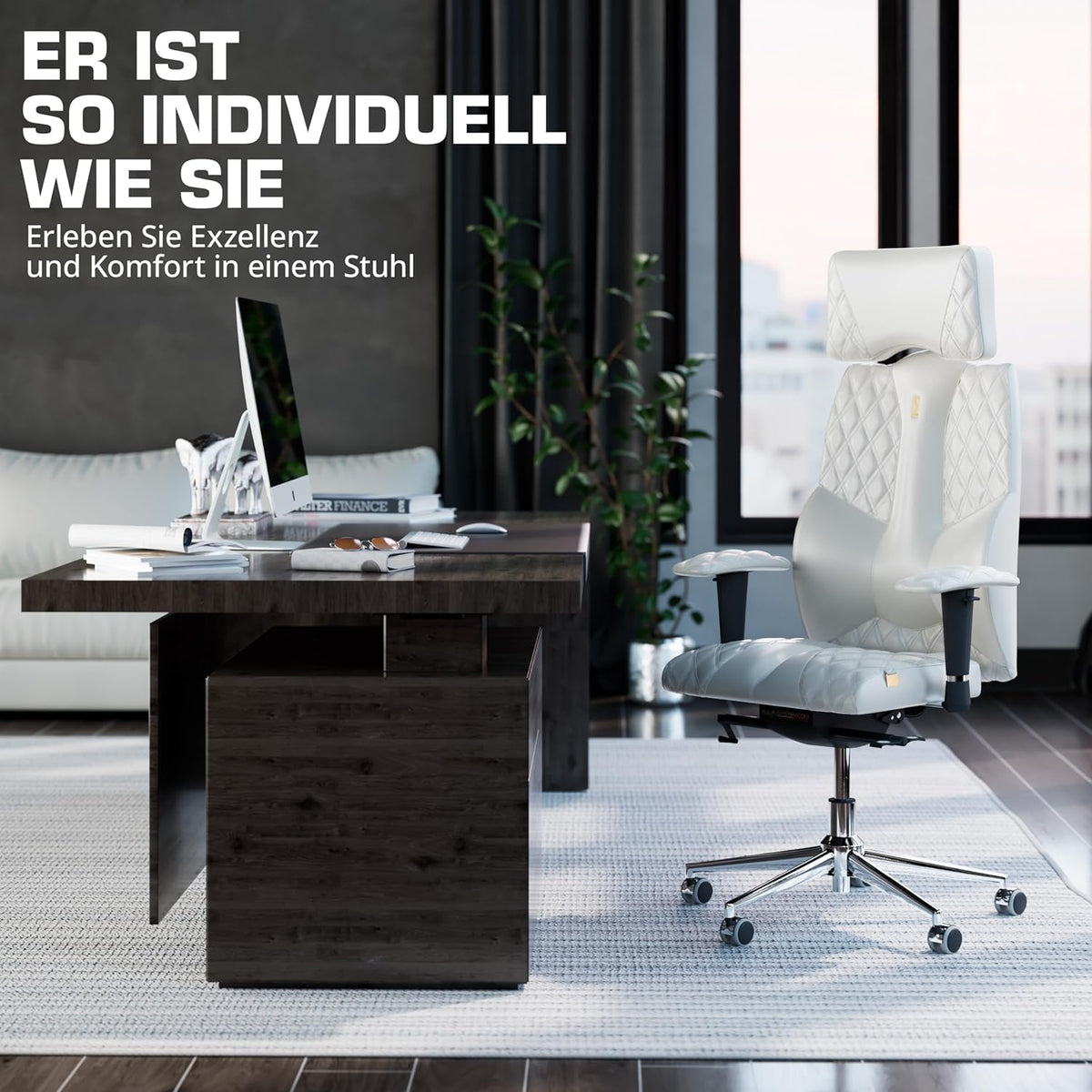 Ergonomische Bureaustoel – Bureaustoel Verstelbaar – Directiestoel – Werkstoel – Kantoorstoel – Full-Size Lendensteun – Eco-Lederen Bekleding Wit