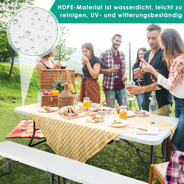 Inklapbaar Biertentset - Feesttentset - met Biertafel - Set van 2 Bierbanken - Tuinmeubelen - voor 8-10 personen - Ruimtebesparend - Weerbestendig - Robuust - voor Camping - Balkon - Buiten - Wit