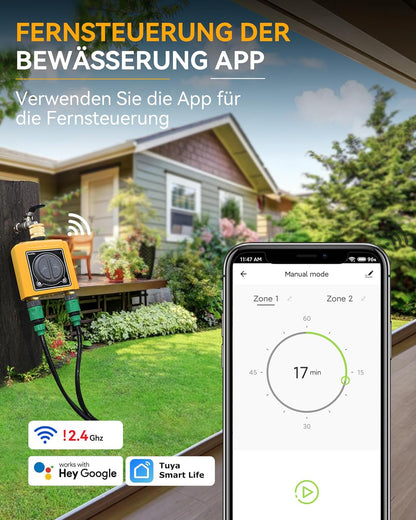 RAINPOINT Irrigatiecomputer, wifi, 2 uitgangen met messing inlaatuitlaat, intelligente watertimer voor tuinslang, regenvertraging/handmatig/app-irrigatie