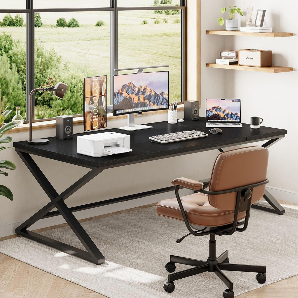 IBF Zwart groot computerbureau, 70 inch lang schrijfbureau voor thuiskantoor, moderne eenvoudige twee personen uitvoerend werk studiebureau, houten metalen pc gaming werkstation computertafel voor
