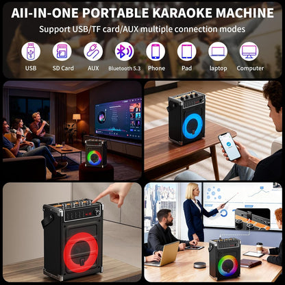 JYX karaokemachine met 2 UHF draadloze microfoons, bas/treble Bluetooth-luidspreker met LED-licht, ondersteuning TWS, AUX In, FM, REC, levering voor feest/volwassenen/kinderen - zwart
