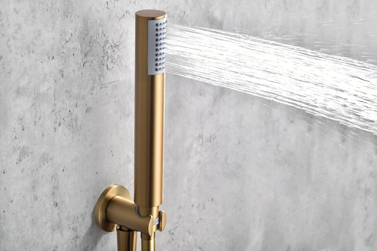 Thermostatische Inbouwdoucheset – Regendouche – Handdouche – Douchekraan – Douchegarnituur – Geborsteld Goud – 25 cm Ronde Douchekop – Zelfreinigend Thermostatisch Systeem