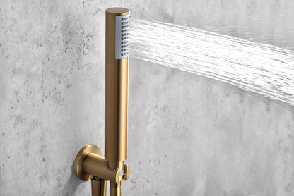 Thermostatische Inbouwdoucheset – Regendouche – Handdouche – Douchekraan – Douchegarnituur – Geborsteld Goud – 25 cm Ronde Douchekop – Zelfreinigend Thermostatisch Systeem