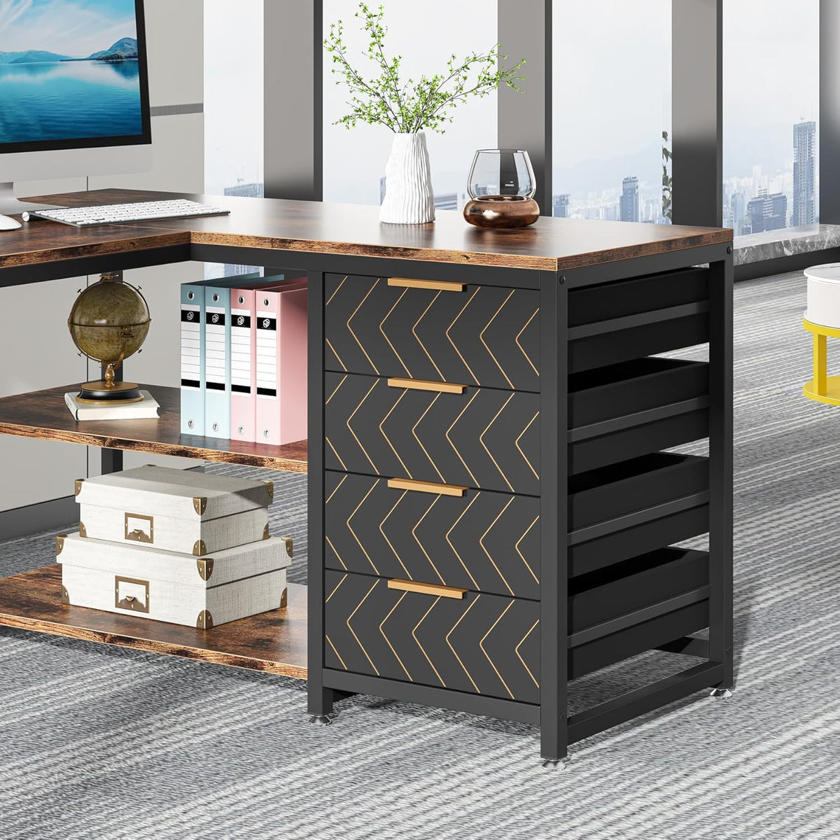 Tribesigns L-Shaped Computer Desk with Storage Drawers, 59 Inch Corner Desk with Shelves, Reversible L Shape Office Desk, Study Writing Desk, Home Office Workstation, Brown