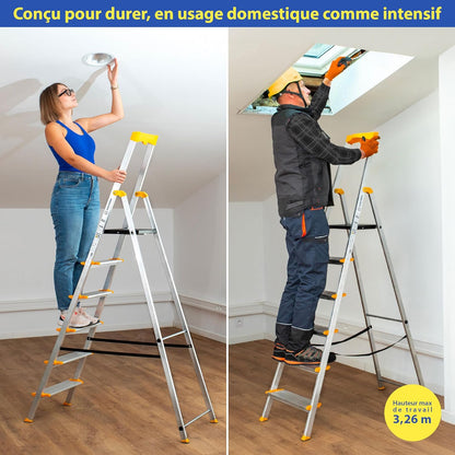 HOSTROM Ladder, 6 treden van aluminium, veilige opvouwbare huishoudtrap, gereedschapshouder, extra brede treden 12 cm, voor thuisgebruik en pro