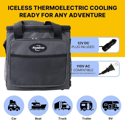 Koolatron Elektrische draagbare koeler, plug in 12V auto koeltas, 14 qt (13 L) Zwart/Grijs Soft-Sided Geen Ice Thermo Elektrische Draagbare Koelkast voor Camping, Verstelbare SchouderriemTravel Road