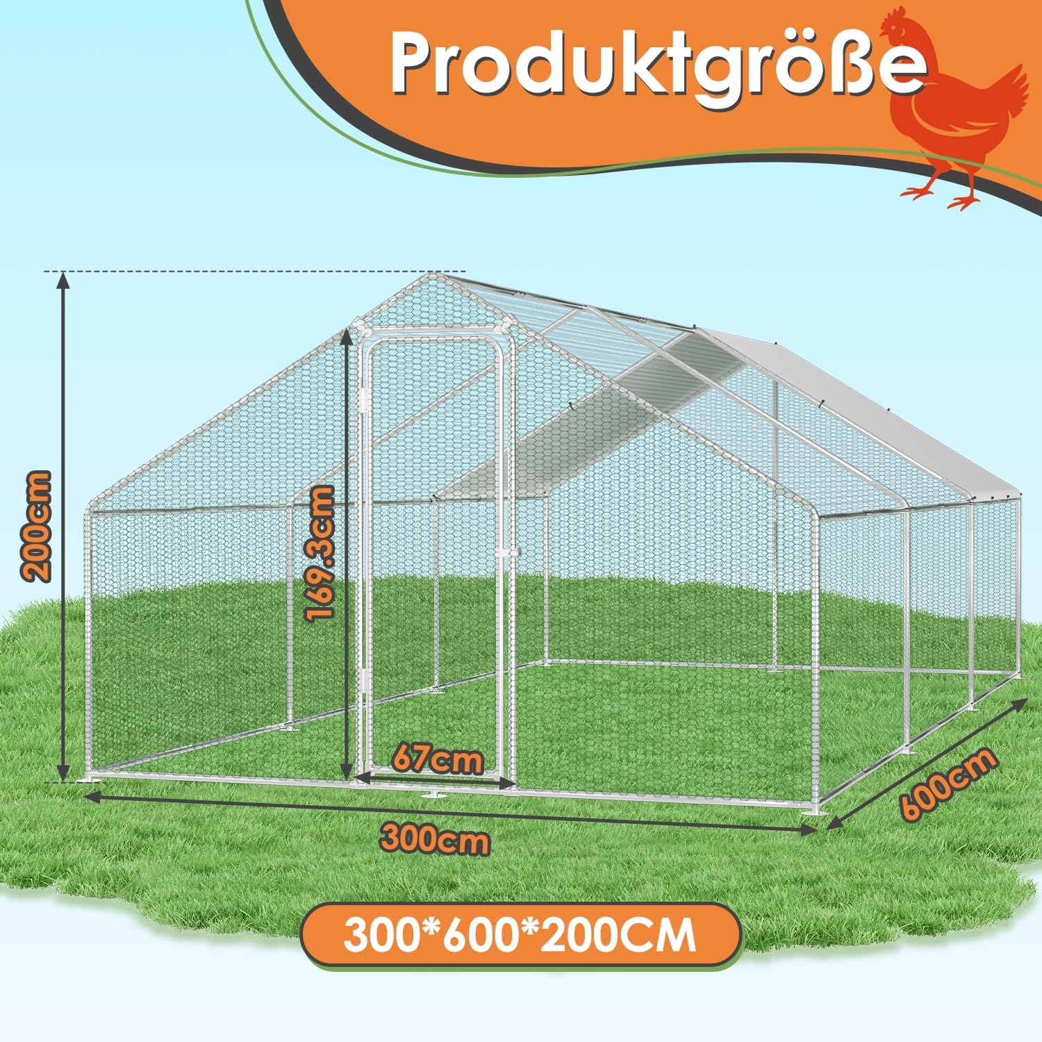 Randaco Chicken Coop XXL 3 x 6 x 2 m Galvanised Steel Outdoor Poultry Run with Lock and Waterproof PE Colouring Cloth for Chicken Cage, Poultry, Small Animals - QUORE