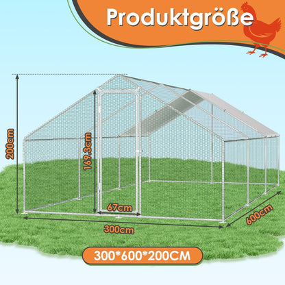 Randaco Chicken Coop XXL 3 x 6 x 2 m Galvanised Steel Outdoor Poultry Run with Lock and Waterproof PE Colouring Cloth for Chicken Cage, Poultry, Small Animals - QUORE