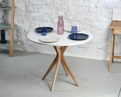 Ronde Eettafel – Ronde Tafel – Kleine Eettafel – Eettafel Met Zuilpoot – Compacte Eettafel – Diameter 80 cm – Massief Eikenhout Beige Bruin