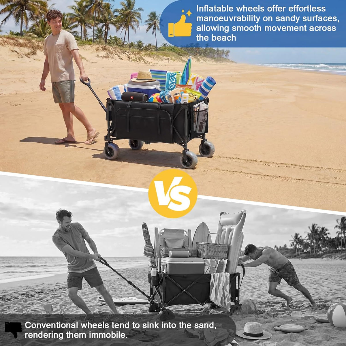 JUMMICO Opvouwbare trolley voor alle terreinen, 200 l, met parkeerrem, 150 kg, afneembare PU-wielen en verstelbare handgreep, zijtas 25 l, robuust, voor strand, park, winkelen, camping