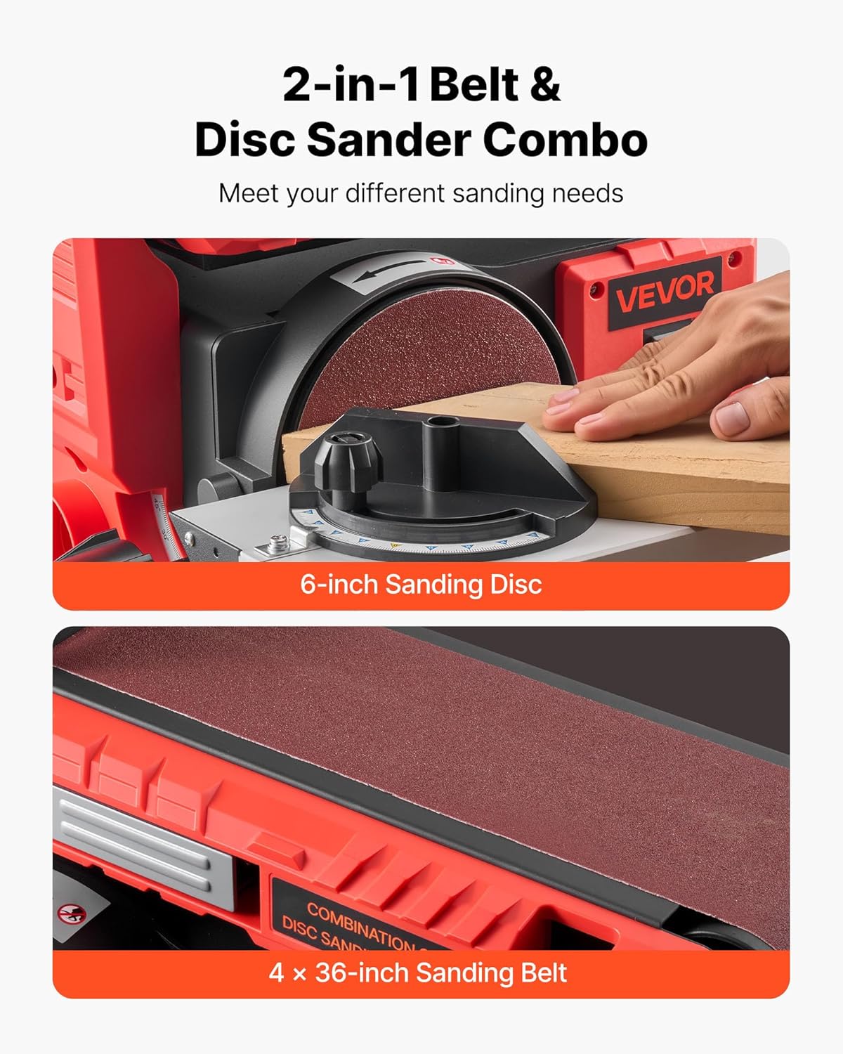 VEVOR 6 inch disc sander and 4 x 36 inch belt sander, 400 W professional pulley sander, combo with 0-45° adjustable work table and woodworking dust collection port