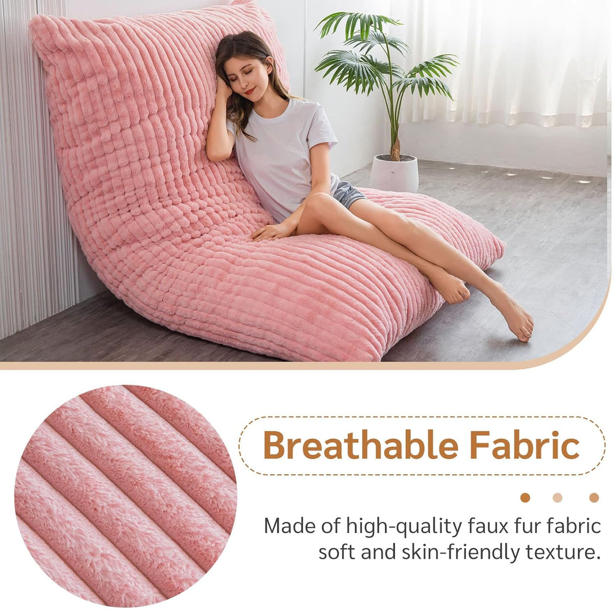 MAXYOYO Huge Bean Bag Bed, Square Bean Bag Chair, Large Faux Fur Sofa and Fluffy Filling for Adults Couples Guests (Corduroy Pink, 135x190cm)