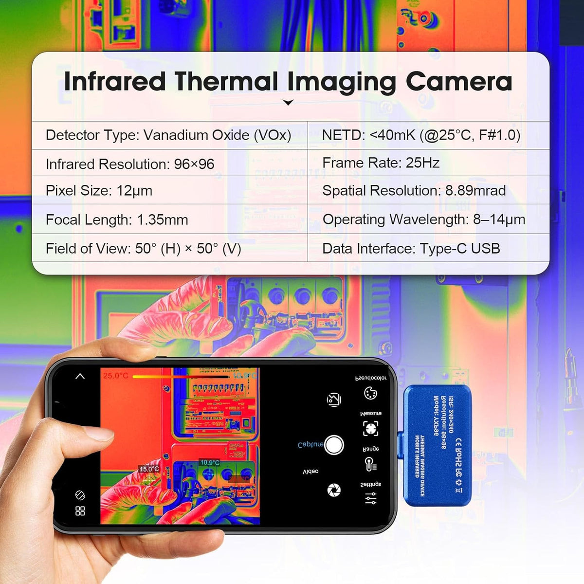 YXP96 Warmtebeeldcamera, USB C, infrarood warmtebeeldcamera, mobiele telefoon, resolutie 96 x 96, temperatuurmeting -20 °C tot 550 °C, 25 Hz beeldfrequentie USB-C-aansluiting, Android OTG