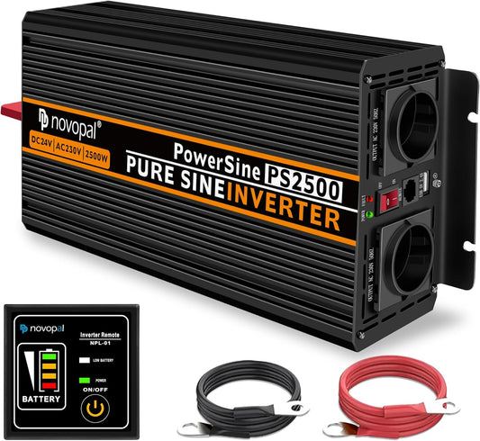 Zuivere sinusomvormer – Spanningsomvormer – Auto-omvormer – Camper-omvormer – 24V DC naar 230V/240V omvormer – 2500 W continu vermogen, 5000 W piekvermogen – 2 AC-Stopcontacten en 5 m afstandsbediening