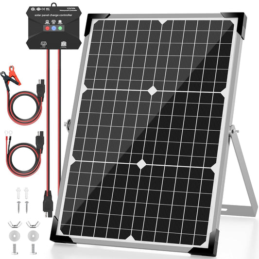 Voltset 30W 12V Zonnepaneelset, monokristallijne zonne-batterij druppeloplader + upgrade 10A MPPT-laadregelaar + verstelbare montagebeugel voor auto, RV, boot, motorfiets, poortopener