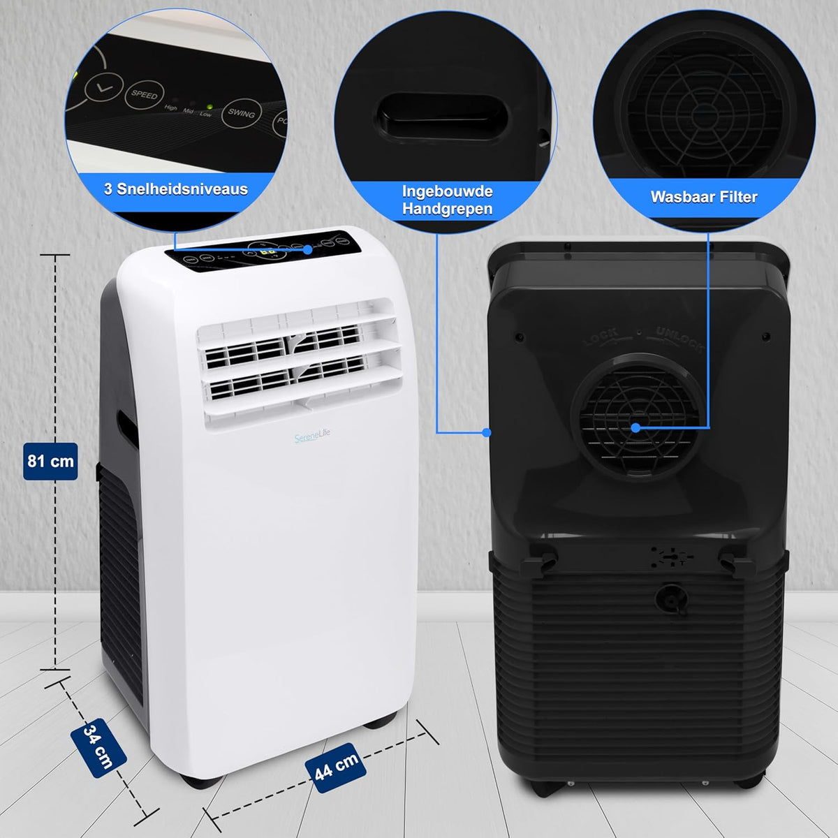Serenelife Mobile Air Conditioner, Portable 4-in-1 Air Conditioner with Built-in Dehumidifier Function, Mobile Air Conditioner with Fan Mode, Remote Control, Complete Window Mount Exhaust Kit, White - QUORE