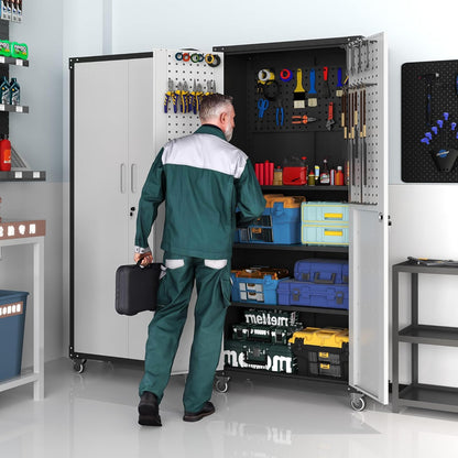 Metalen garagekast zwart/grijs – Gereedschapskast – Werkplaatskast – Opbergkast – Rollende gereedschapskast – 3 verstelbare planken en steekbord – 180 x 80 x 40 cm, koudgewalst staal