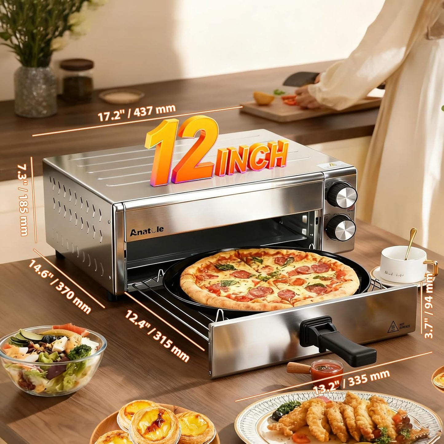 Anatole Elektrische Pizzaoven & Heteluchtfriteuse, RVS, 30.5 cm, 1800 W, Tijd- en Temperatuur Instelbaar, Met Circulatielucht, Inclusief Afneembaar Grillrek, Kruimellade en Ovenhandschoenen