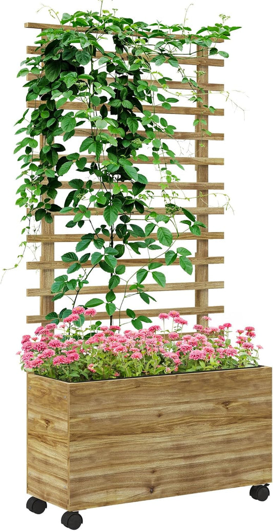 Outsunny Hochbeet Pflanzkasten mit Rankgitter,Rolle,Spalier Pflanzkübel Blumenkasten Holz,Gartenspalier 76x30x155cm für Garten Balcony Terrasse,Blumenkübel für Kletterpflanzen Korbpflanzen, Blumen - QUORE
