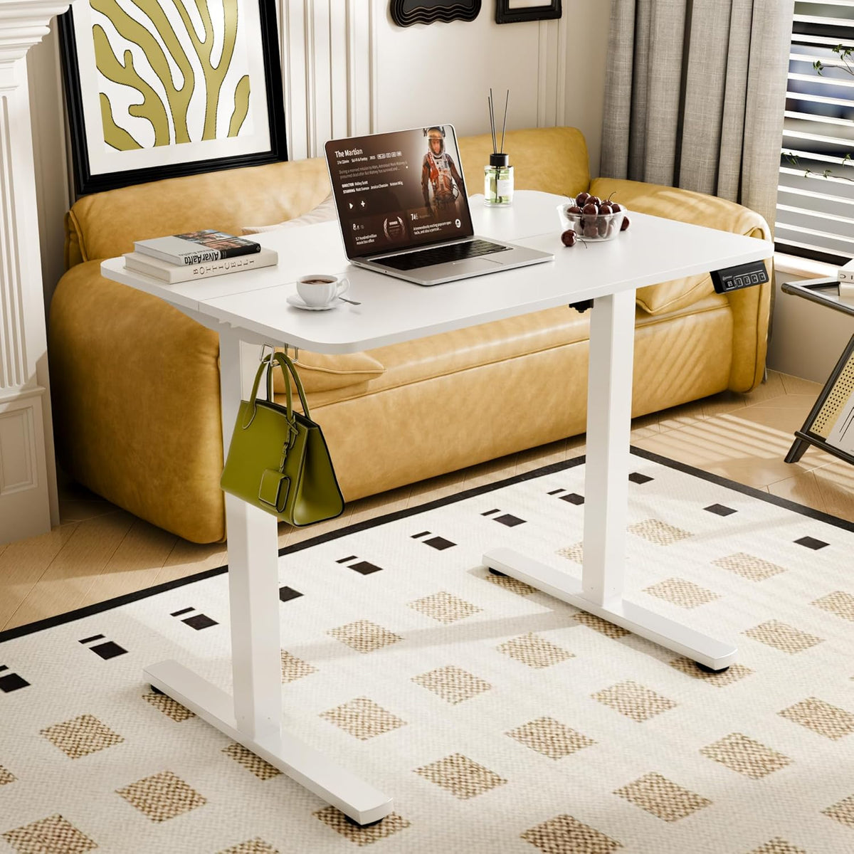ERGOMAKER Elektrisch Staand Bureau 90x60cm, In Hoogte Verstelbaar Ergonomisch Kantoorbureau met Hooks & Geheugenfunctie, Wit