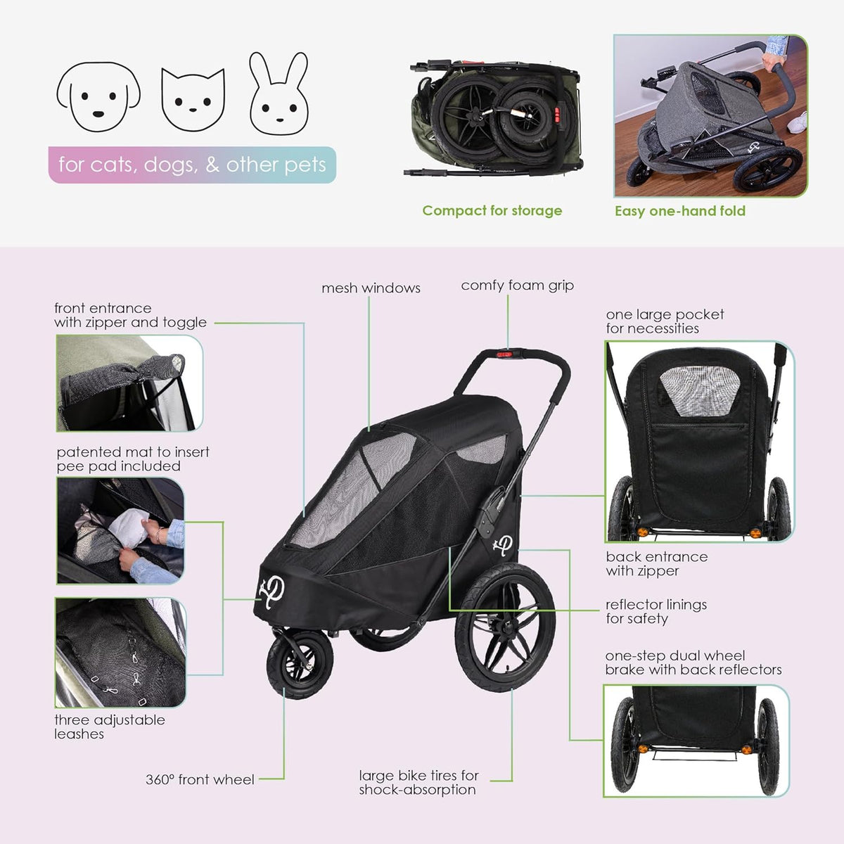 Breeze Black | Luxe hondenfietskar | groot formaat jogger | eenhandig opvouwbaar | luchtbanden | INCL regenhoes | bandenpomp | fietsadapter