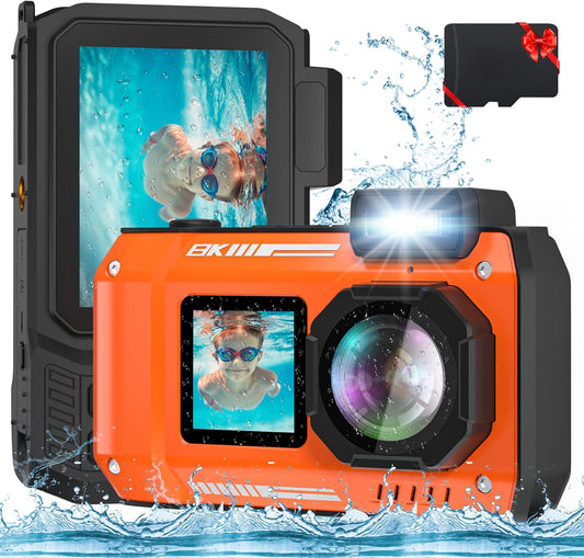 Verbeterde 8K 70MP onderwatercamera met 32G-kaart, 33FT waterdicht, robuust, stofdicht schokbestendig voor snorkelen, selfie digitaal voor duiken, dual-screen fotografie
