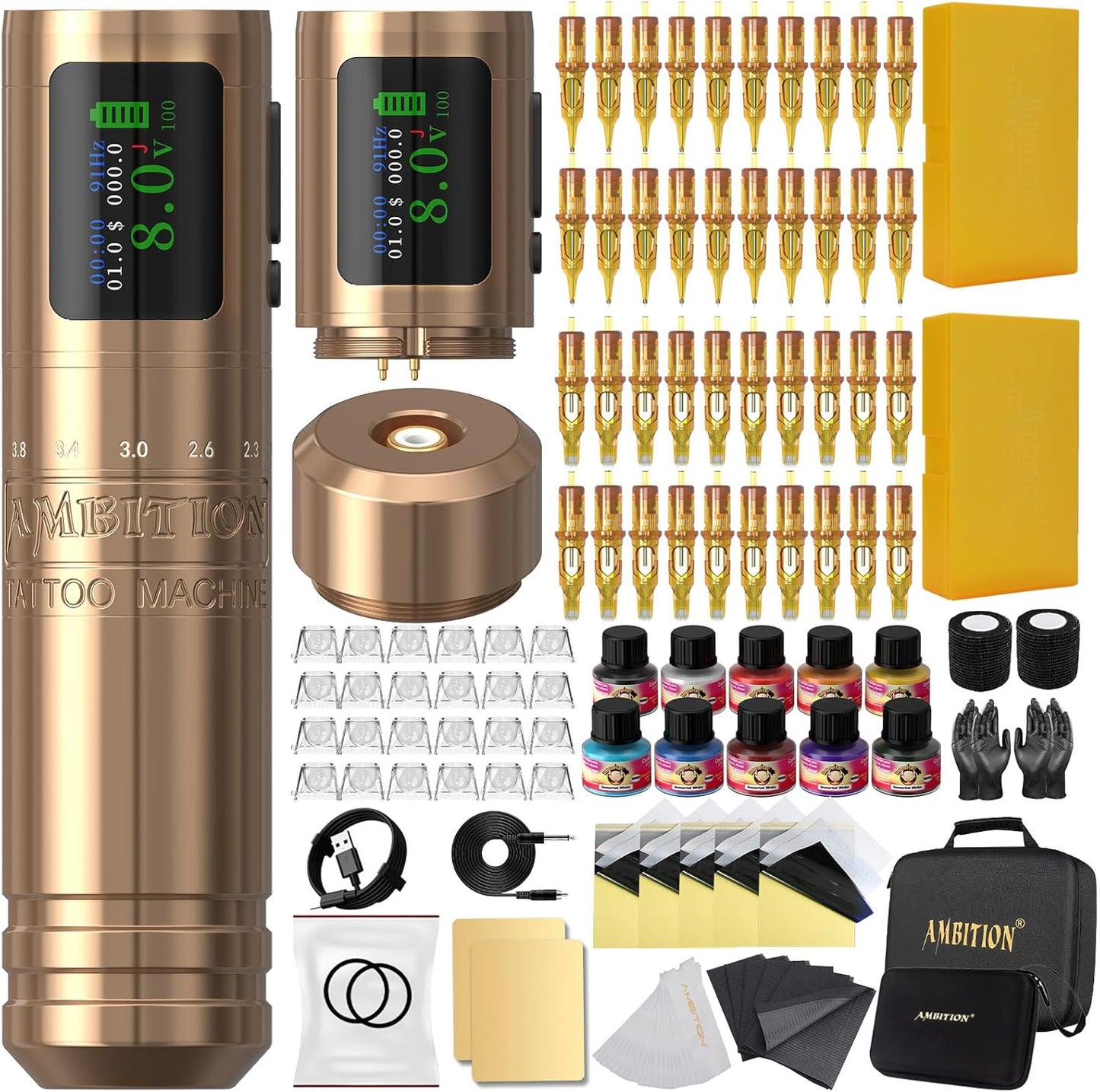 Ambition C1 Tattoo Kit – Draadloze Complete Tattoo Pen Machine voor Beginners, 7 Verstelbare Slagen, Dubbele 1900mAh Accu voor Starters