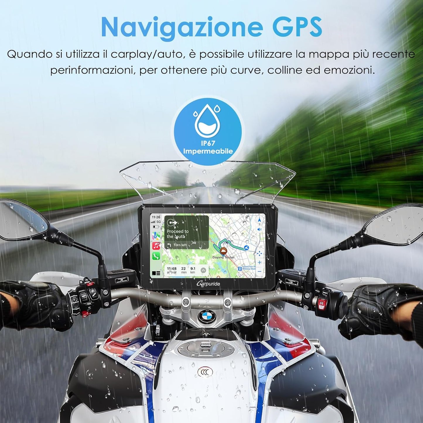 Carpuride W702B Motorfiets Carplay Scherm met Custom Mount voor BMW Motorbike, Wireless CarPlay en Android Auto, Draagbaar 7 inch Waterdicht Touchscreen, Dual Bluetooth, Navigatie, Siri.