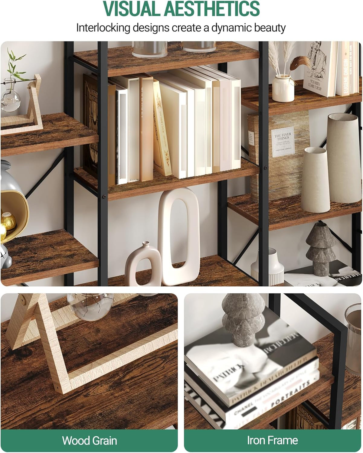 Hzuaneri Bookshelves, Freestanding Shelves, 17 Shelves, 6 Layers, Adjustable Distance, 24 x 152 x 186 cm, Load Capacity 340 kg, Living Room, Office Vintage Brown-Black BC10101B