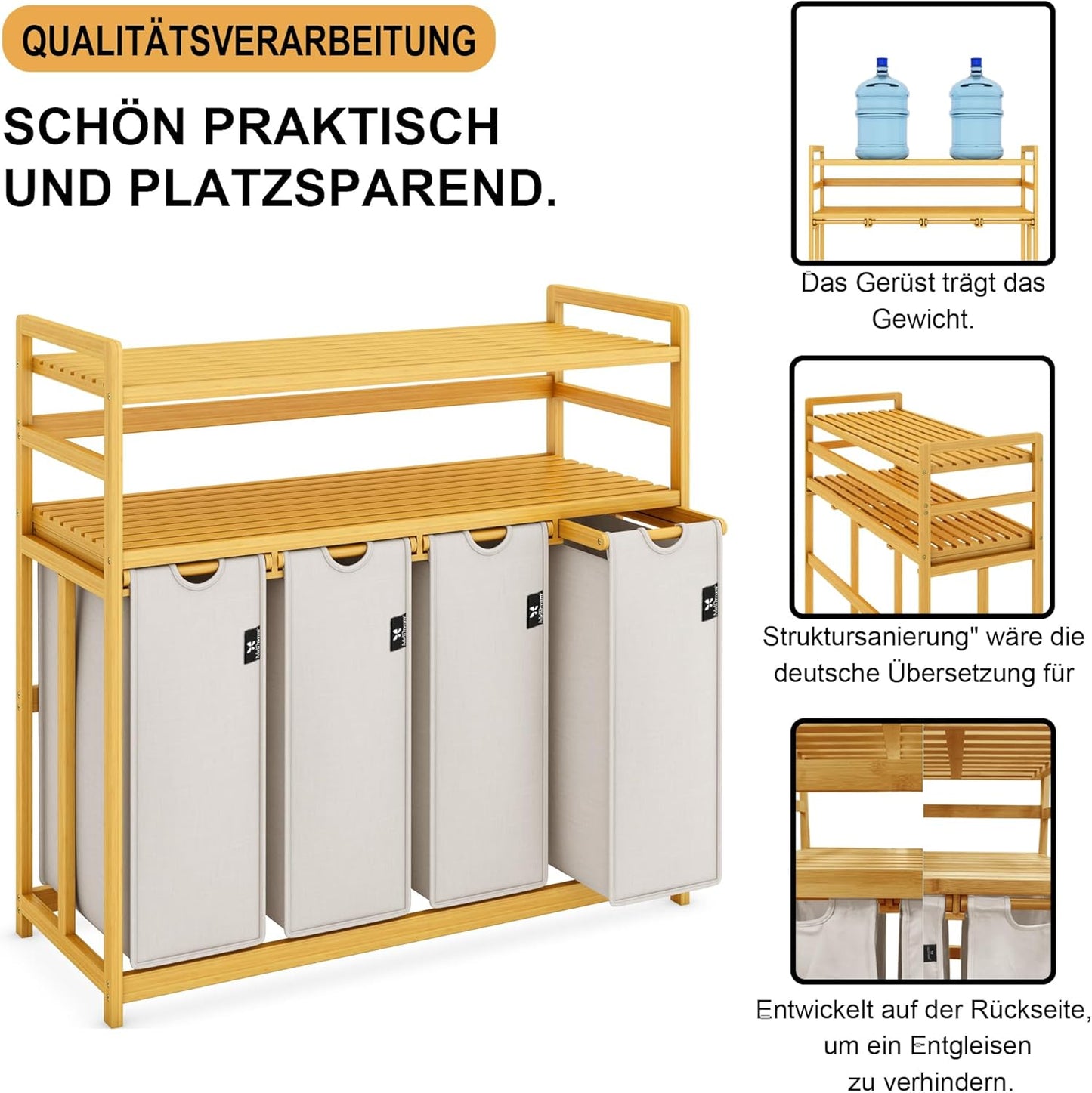 AdelDream Premium wasmand 200 liter, wassorteerder met 4 vakken en 2 planken, bamboe wasmand met uittrekbare en afneembare waszak, lichtgrijs