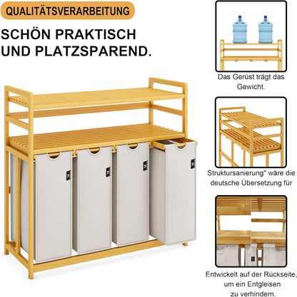 AdelDream Premium wasmand 200 liter, wassorteerder met 4 vakken en 2 planken, bamboe wasmand met uittrekbare en afneembare waszak, lichtgrijs