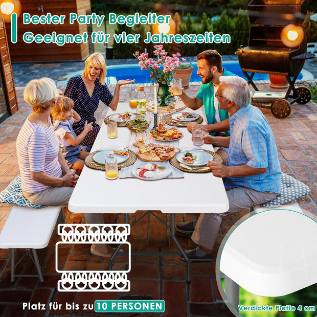 Inklapbaar Biertentset - Feesttentset - met Biertafel - Set van 2 Bierbanken - Tuinmeubelen - voor 8-10 personen - Ruimtebesparend - Weerbestendig - Robuust - voor Camping - Balkon - Buiten - Wit