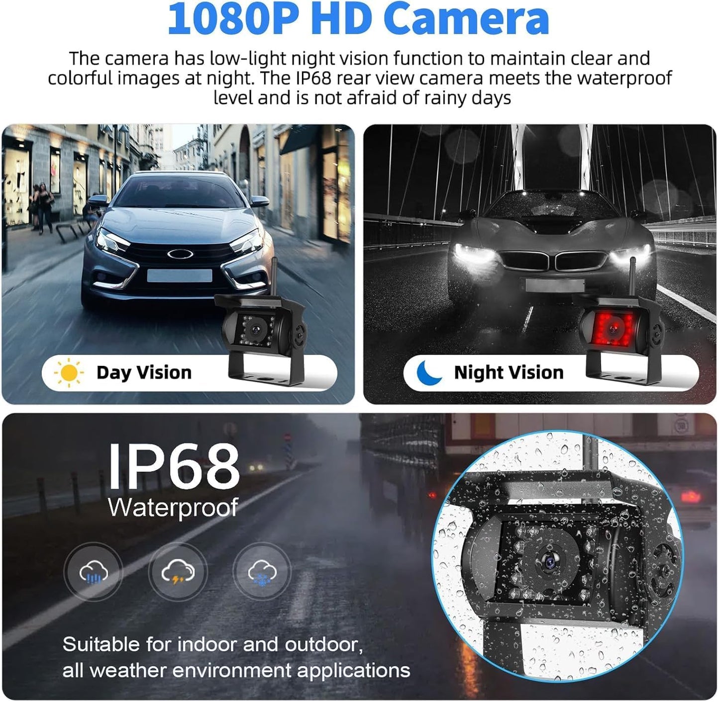 1080P Kabelloses Rückfahrkamerasystem für Wohnmobile, 7-Zoll-Rückfahrkameramonitor für 4 Kanäle mit wasserdichter IP69-Nachtsicht-Front-/Rückfahrkamera für LKW/Wohnmobil/Van/SUV/Pickup mit BSD