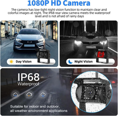 1080P Kabelloses Rückfahrkamerasystem für Wohnmobile, 7-Zoll-Rückfahrkameramonitor für 4 Kanäle mit wasserdichter IP69-Nachtsicht-Front-/Rückfahrkamera für LKW/Wohnmobil/Van/SUV/Pickup mit BSD