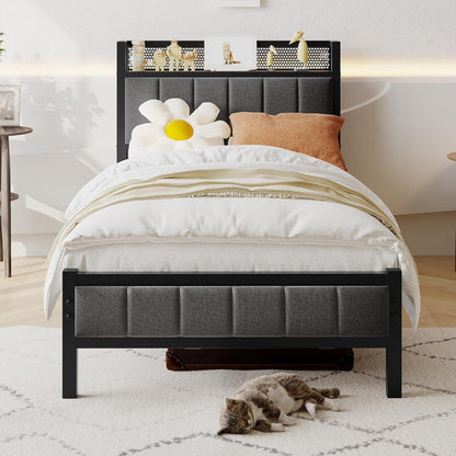 3ft eenpersoonsbedframes met opberghoofdeinde, zwaar metalen bedframe eenpersoons, geen boxspring nodig, solide bedsteadbasis/sterke stalen latten ondersteuning/grijs