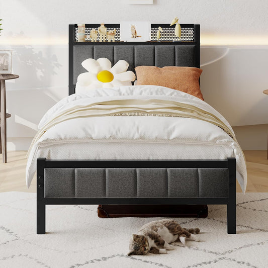 3ft eenpersoonsbedframes met opberghoofdeinde, zwaar metalen bedframe eenpersoons, geen boxspring nodig, solide bedsteadbasis/sterke stalen latten ondersteuning/grijs