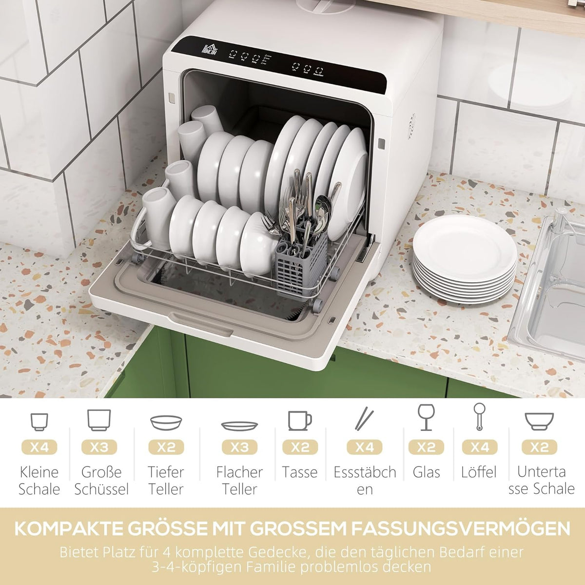 HOMCOM Tischgeschirrspüler mit/ohne Wasseranschluss benutzbar Mini Geschirrspüler mit Platz für 4 Maßgedecke, 6 Programmen, eingebautem 6-Liter-Wassertank, für Büro,Camping, Wohnmobil, Weiß