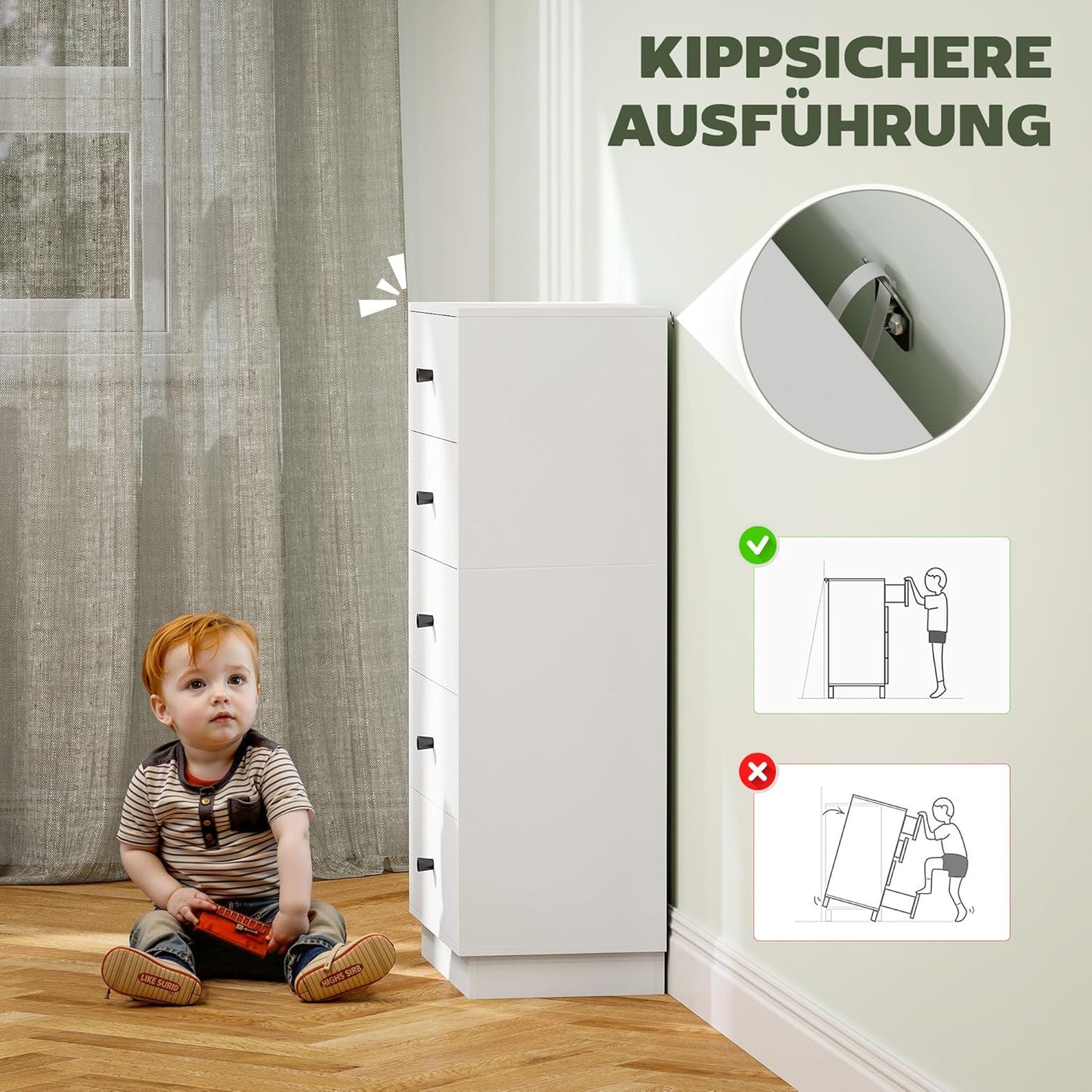 HOMCOM Kommode Sideboard mit 5 Schubladen Schrank aus Holzwerkstoff Aufbewahrungsschrank im Modern Stil Schubladenschrank Kommodenschrank für Wohnzimmer Schlafzimmer Flur 47 x 29 x 95 cm Weiß - QUORE